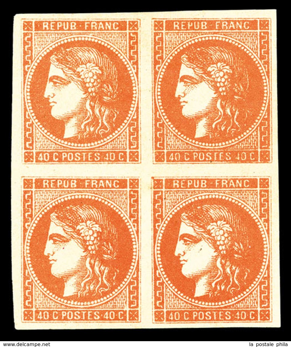 ** N°48, 40c Orange En Bloc De Quatre (2ex*), Grandes Marges, FRAÎCHEUR POSTALE, SUP (signé Calves/Brun/certificat)   Qu - 1870 Bordeaux Printing