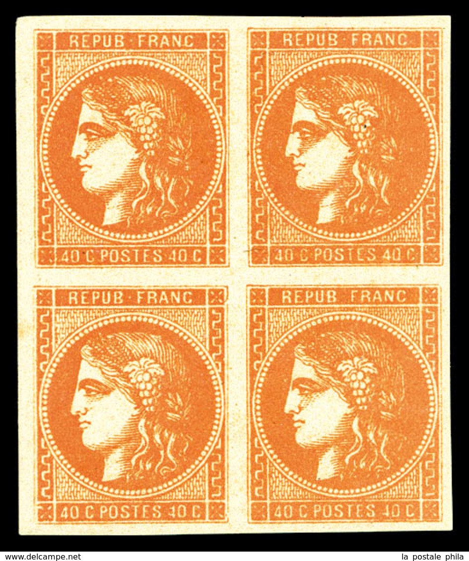 ** N°48, 40c Orange (nuance Soutenue) En Bloc De Quatre (paire Sup*), Fraîcheur Postale. TTB (signé Calves/certificat)   - 1870 Bordeaux Printing