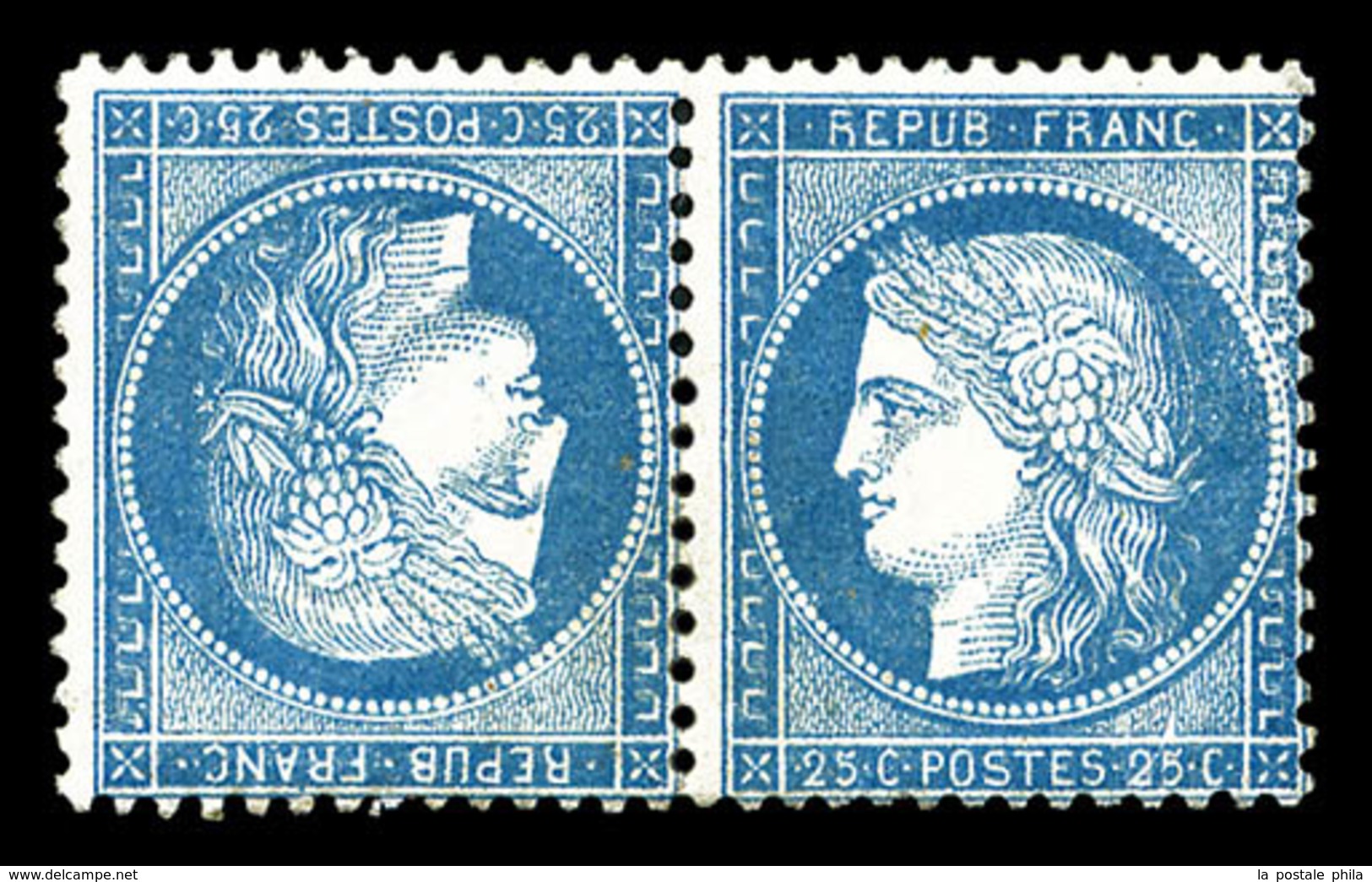 * N°60Ab, 25c Bleu En Paire Tête-bêche, Infime Fente Au Niveau D'une Dent, Grande Fraîcheur, RARE ET SUPERBE (signé Cham - 1871-1875 Ceres