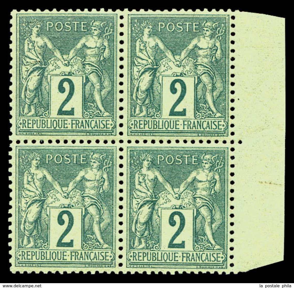 ** N°74, 2c Vert Type II, Bloc De Quatre Bdf, Fraîcheur Postale, TRES BON CENTRAGE, SUP (certificat)  Qualité: ** - 1876-1878 Sage (Typ I)