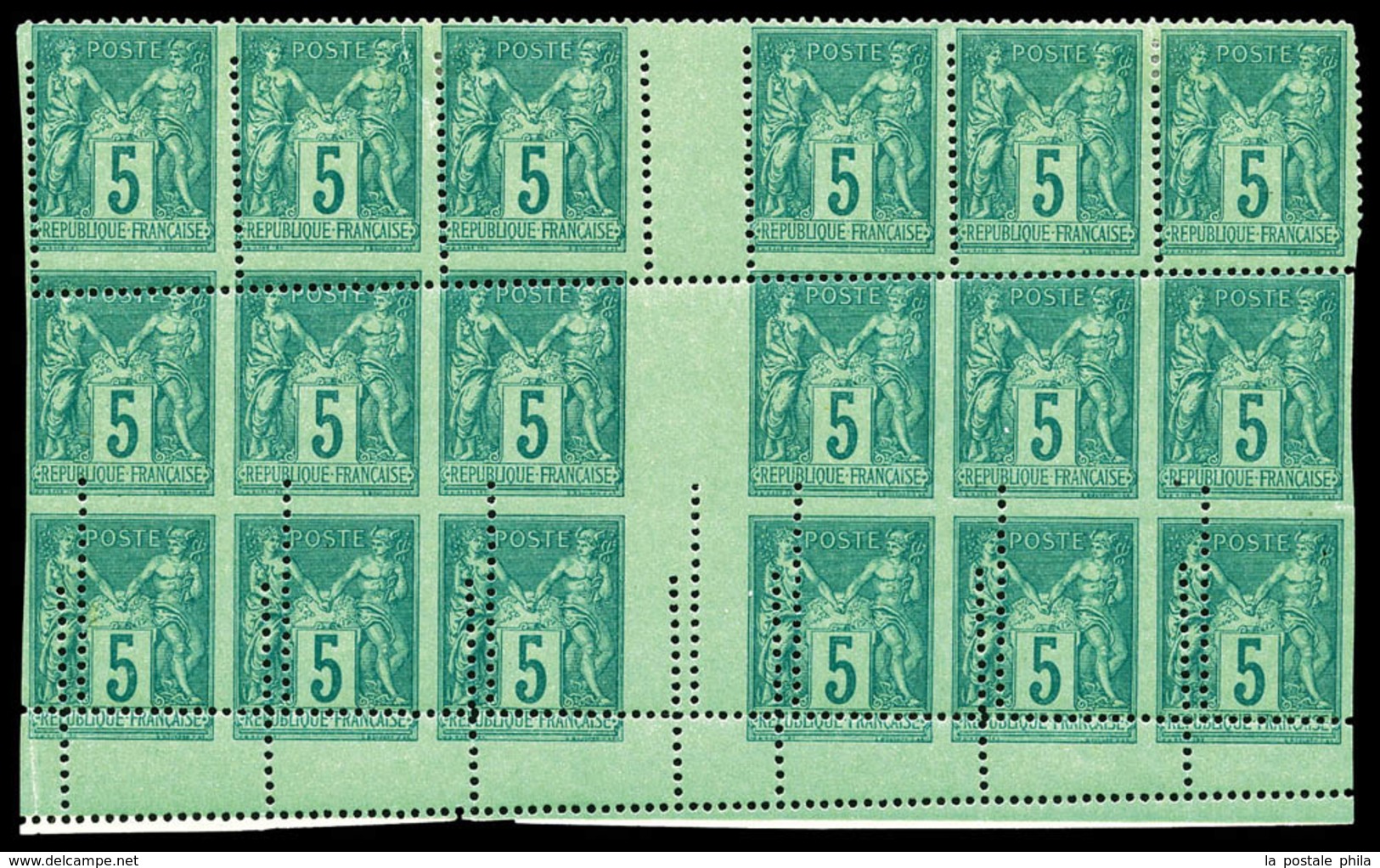 ** N°75, 5c Vert, Exceptionnelle Variété: Piquage Déplacé Sur 6 Exemplaires Tenant à Non Dentelés Accidentel Tenant à 6  - 1876-1878 Sage (Typ I)