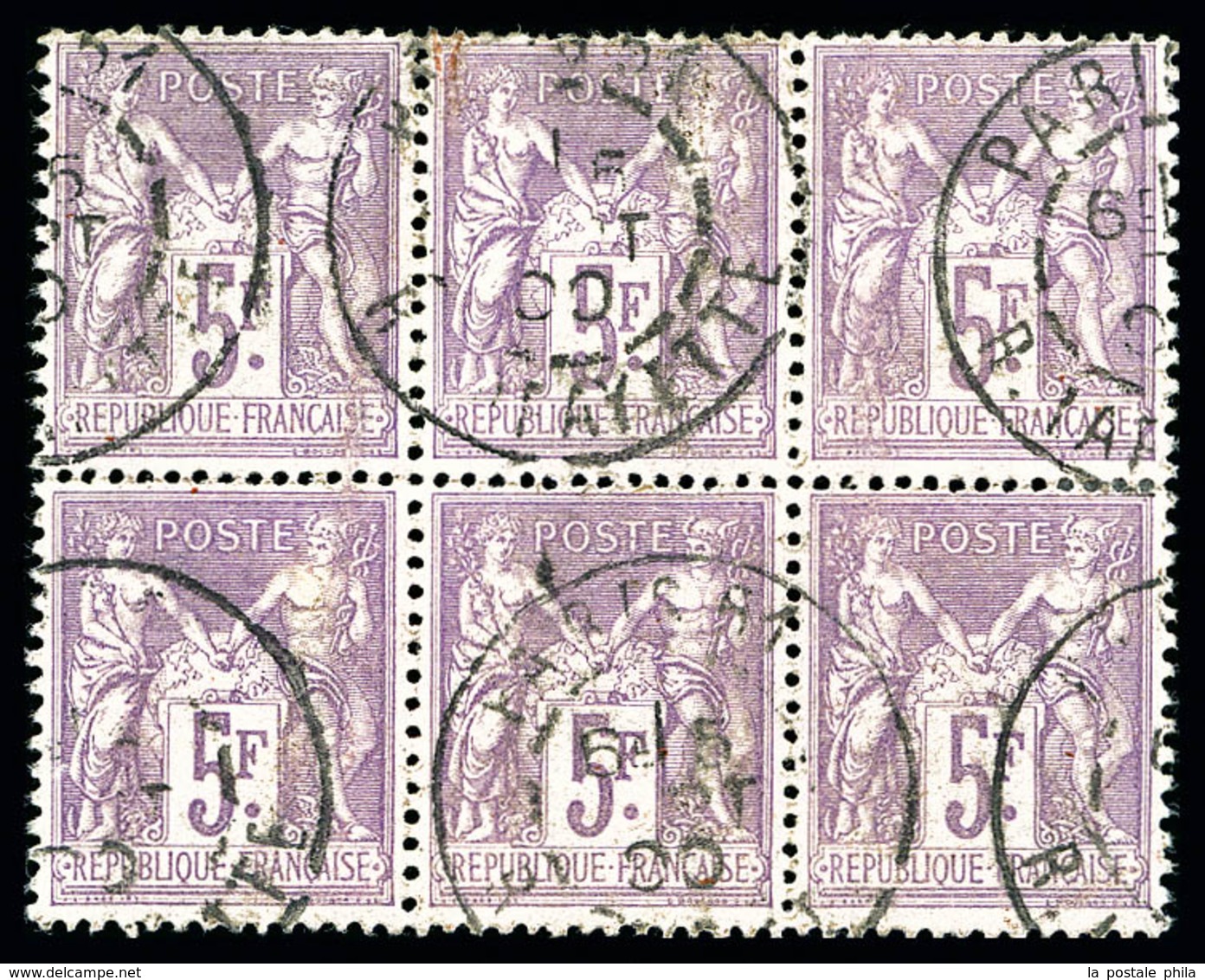 O N°95, 5F Violet Sur Lilas En Bloc De 6, TB (certificat)  Qualité: O - 1876-1878 Sage (Type I)