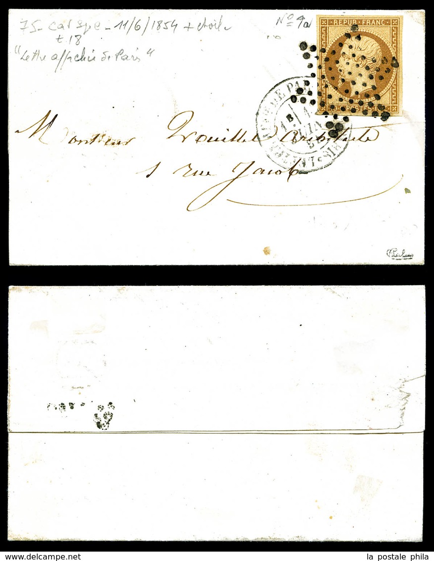 O N°9, 10c Bistre-jaune Sur Petite Lettre Locale De Paris Du 11 Juin 1854, TB (signé Calves/certificat)  Qualité: O  Cot - 1849-1876: Klassik