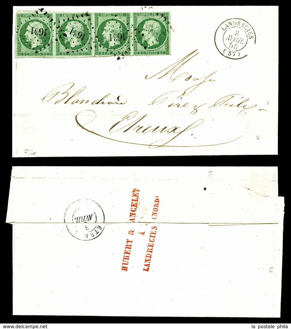 O N°12, 5c Vert, Bande De Quatre Obl PC 1631 Sur Lettre De Landrecies Le 3 Avril 55 Pour Etreux. TTB (certificat)  Quali - 1849-1876: Klassik