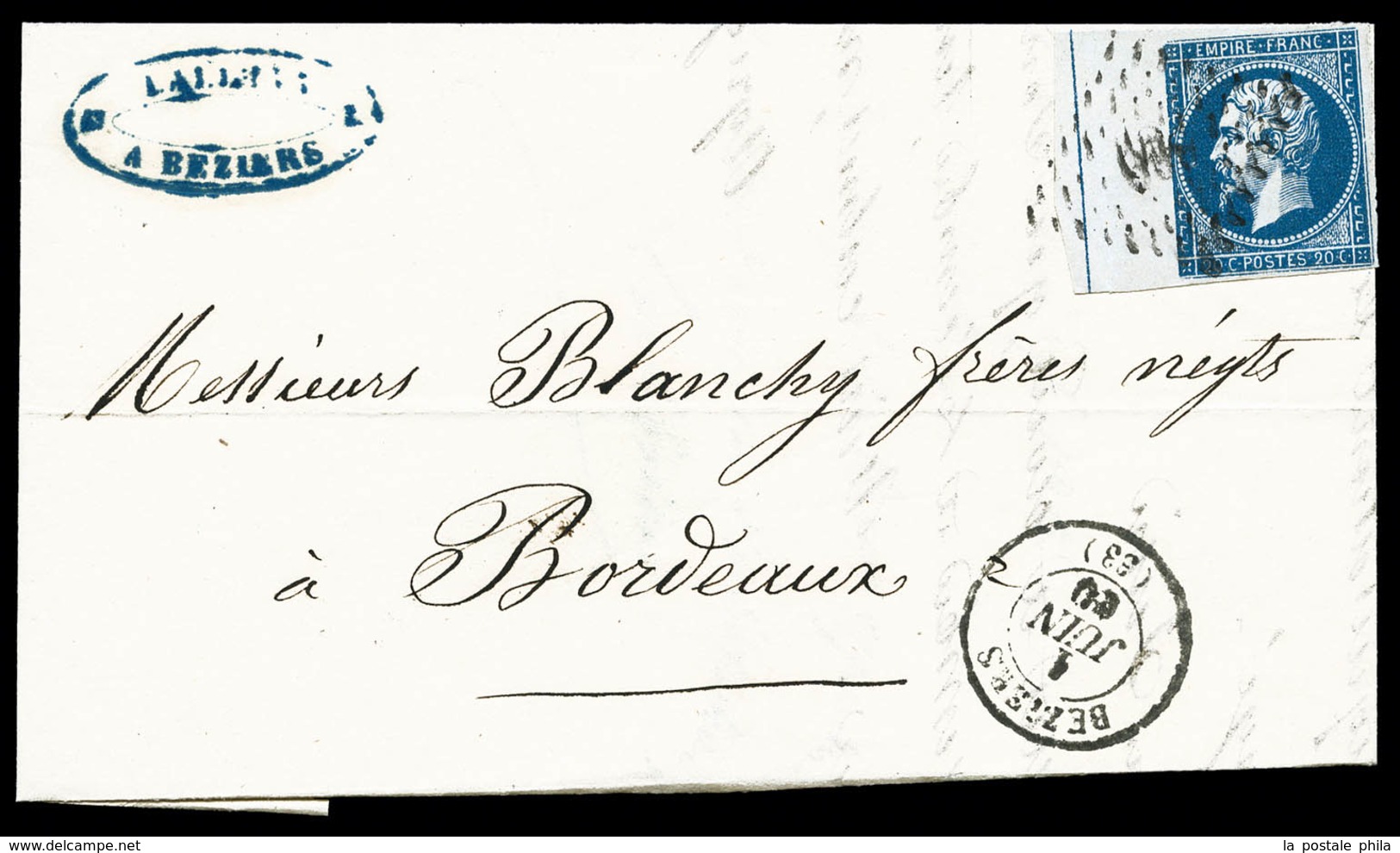 O N°14Ai, 20c Bleu Type I Bord De Feuille Avec Filet D'encadrement De Bezier Pour Bordeaux, SUP (certificat)  Qualité: O - 1849-1876: Klassik