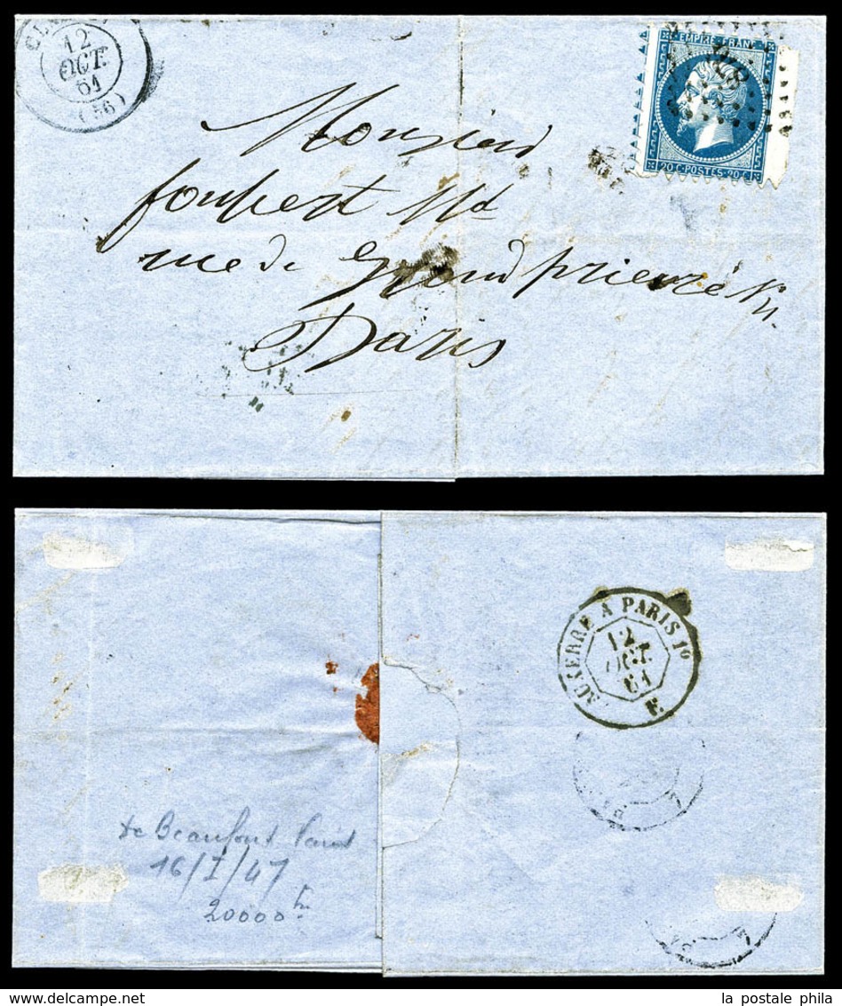 O N°14B, 20c Bleu 'PIQUAGE DE CLAMECY', Bord De Feuille, Oblitéré PC '876' Sur Petite Lettre De Clamecy Le 12 Oct 61 Pou - 1849-1876: Klassik