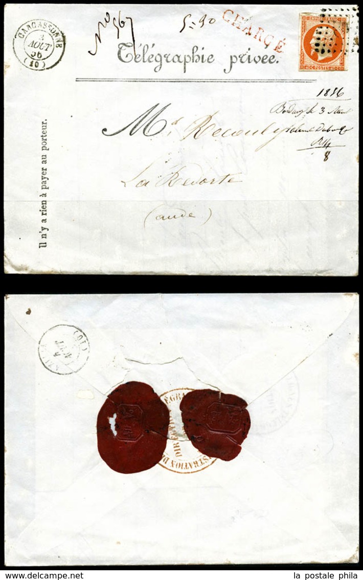 O N°16, 40c Empire (pd), Càd De Carcassonne Le 3 Août 1856 Sur Enveloppe Imprimée Télégraphie Privée (2ème Type), Chargé - 1849-1876: Klassik