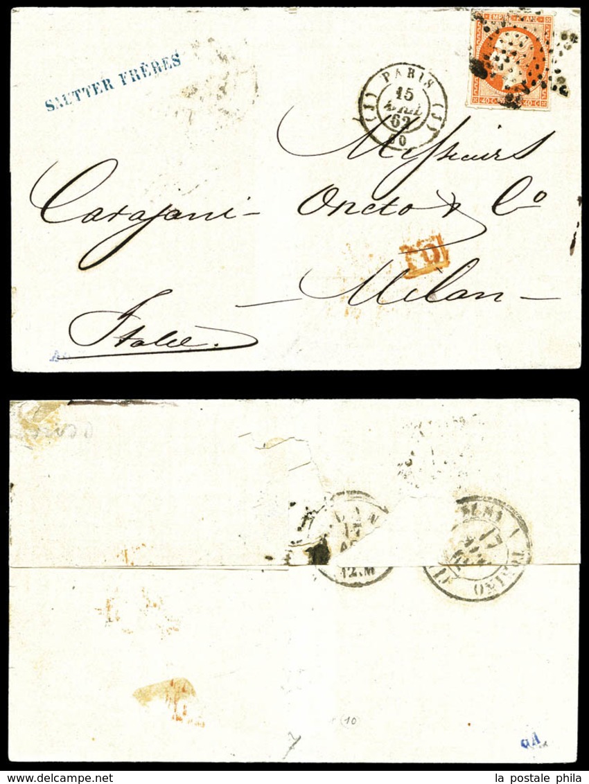 O N°16, 40c Orange Percé En Ligne Sur Lettre Du 15 Avril 1892 Pour L'Italie, Arrivée à Milan Le 17.4.62. TB  Qualité: O - 1849-1876: Klassik