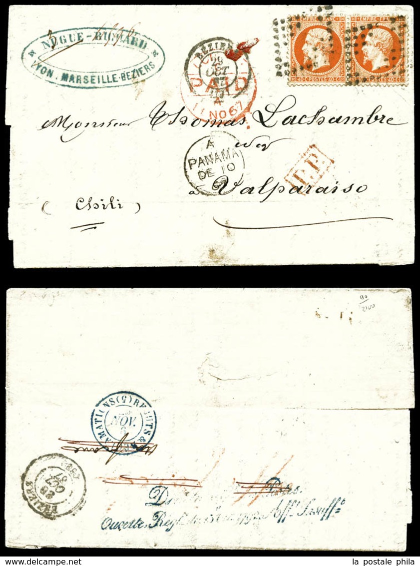 O N°23, 40c Dentelé En Paire Sur Lettre Affranchie à 80c Au Lieu De 1F, De Bésiers Le 29.10.67 à Destination De Valparai - 1849-1876: Klassik