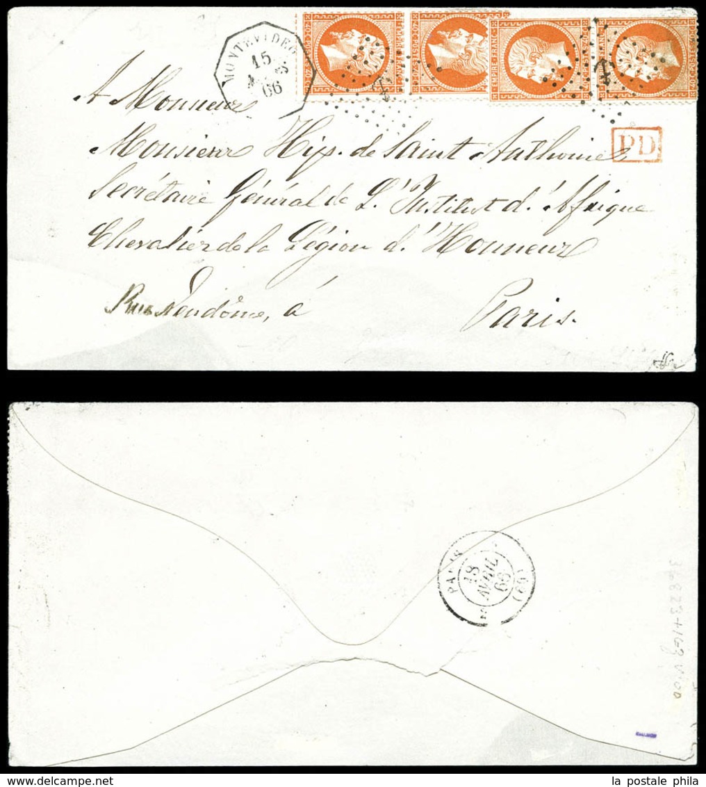O N°23, 40c Dentelé (2 Paires Verticales) Obl Ancre + Càd Octogonal De MONTEVIDEO Sur Lettre Double Port Pour La France. - 1849-1876: Klassik