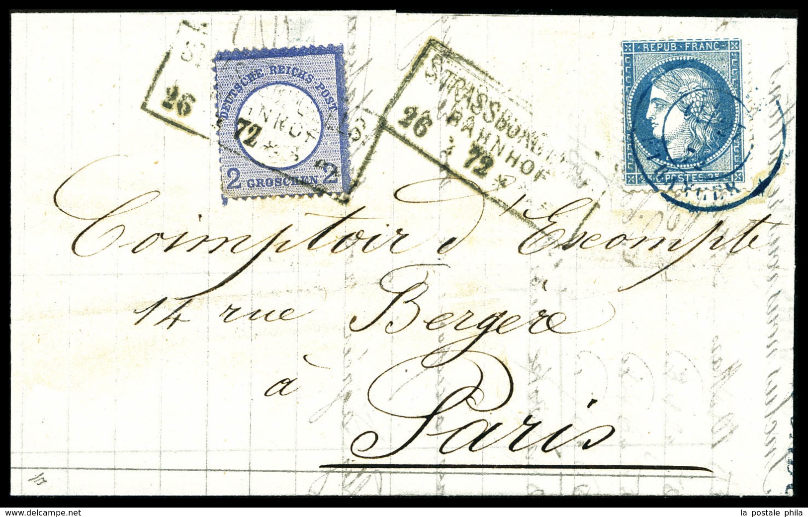 O N°60, 25c Cérés Obl Càd Bleu Paris/Etranger Le 23.3.72 + Timbre Allemand 2Gr +cachet Allemand Sur Lettre De Strasbourg - 1849-1876: Klassieke Periode