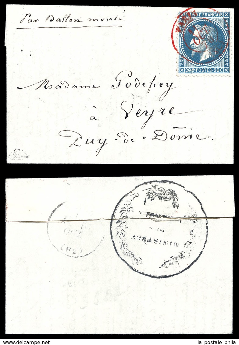 O 20c Lauré Obl Càd De Paris 'SC' Rouge Du 11 Oct 1870, Au Verso Cachet Noir Du Ministère Des Finances, Arrivée à Veyre  - Krieg 1870