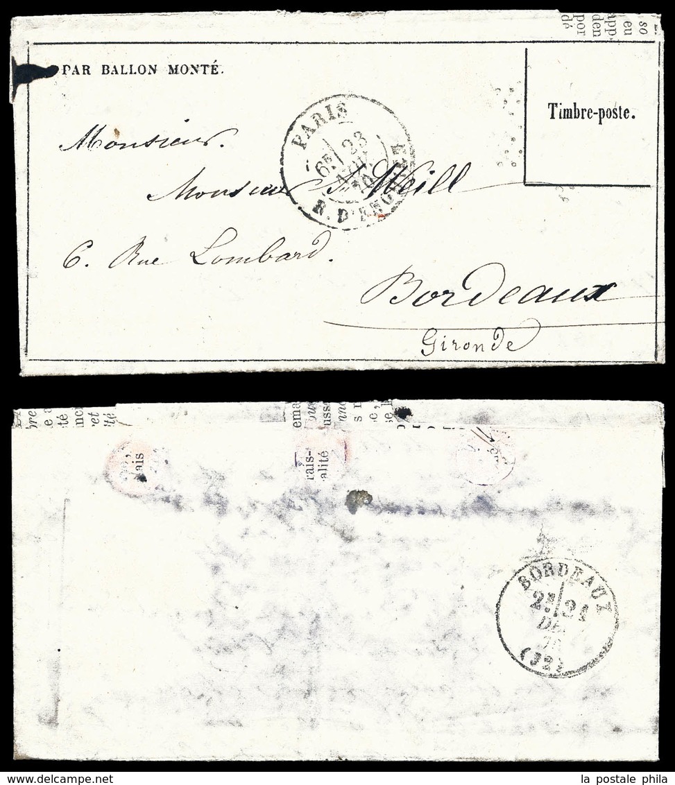 O LE JACQUARD, Gazette Des Absents N°10 De Paris Rue D'Enghien 23.11.70 (6ème Levée) Pour Bordeaux Accidentée (timbre To - Guerra Del 1870