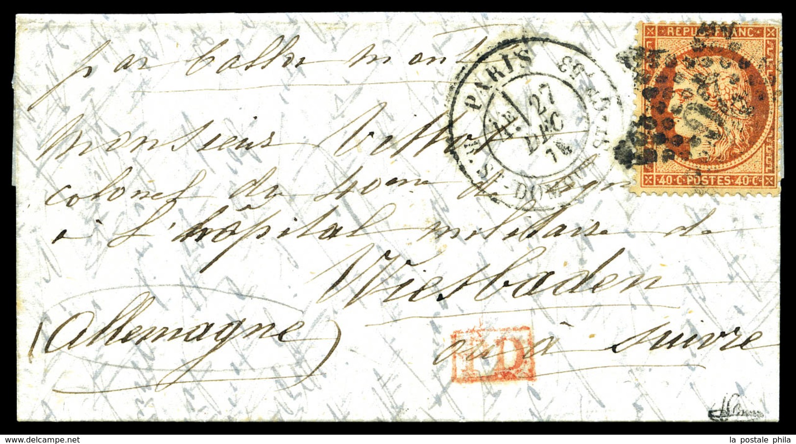 O LE BAYARD', Affranchie Avec 40c Siège Sur Lettre Frappée Du Càd De Paris Le 27 Decembre 1870 à Detination De Wiesbaden - Krieg 1870