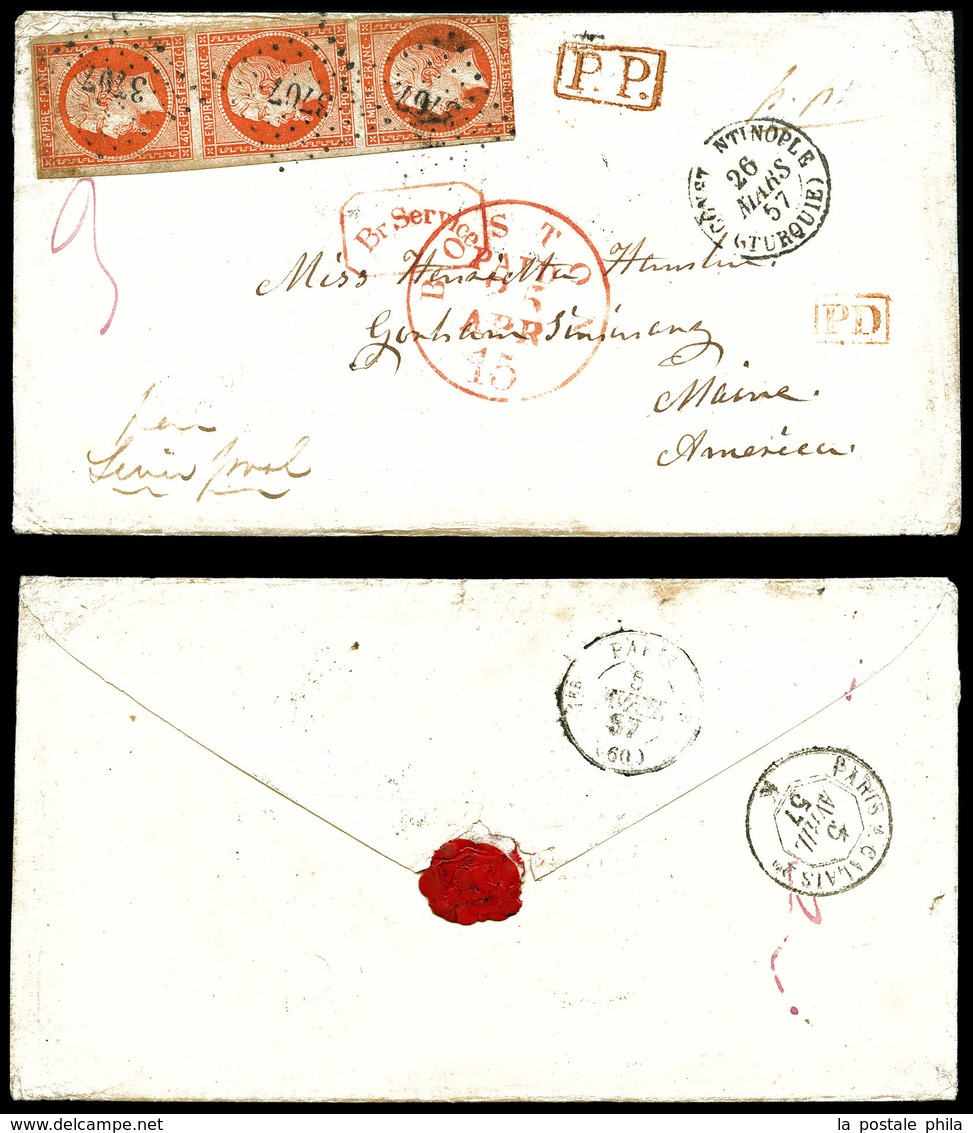 O CONSTANTINOPLE, N°16, 40c Empire, Bande De 3 (1ex Pd), Obl Pc 3707 Sur Lettre En PP De Constantinople Le 26 Mars 1857  - 1849-1876: Klassik