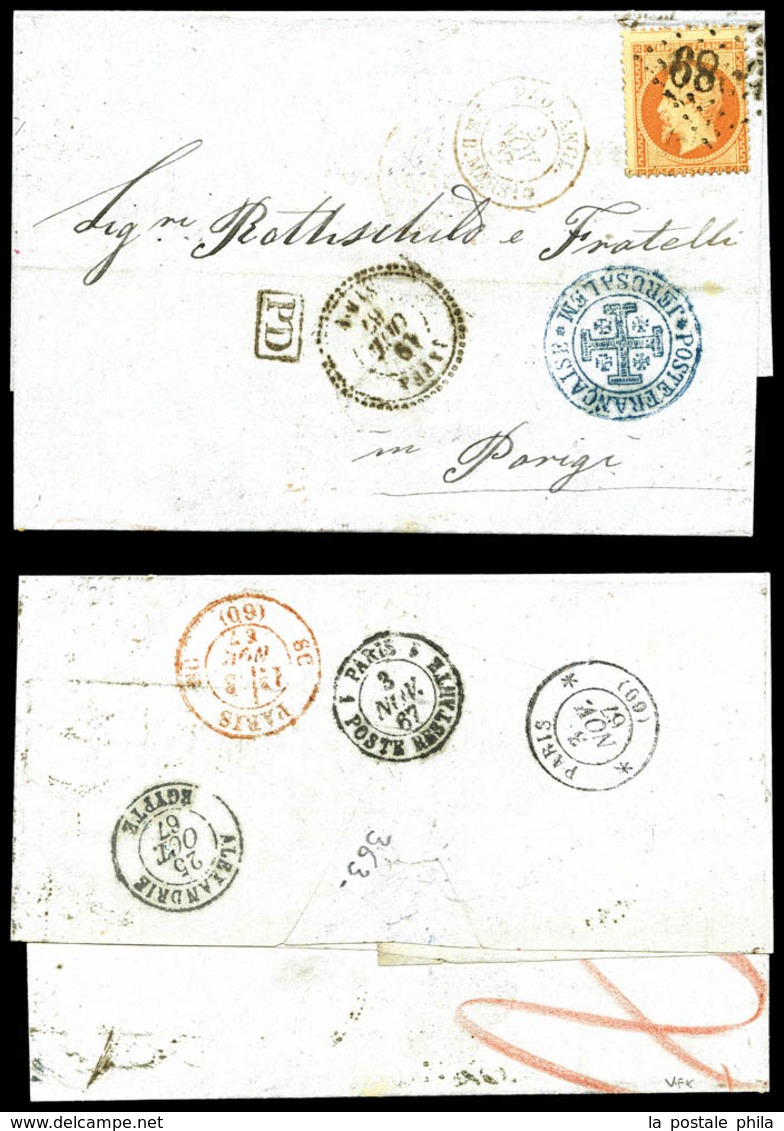 O JERUSALEM, N°23, 40c Orange Obl GC '5089' + Cachet Bleu 'POSTE FRANCAISE DE JERUSALEM' Avec Croix Potencée Sur Lettre  - 1849-1876: Periodo Classico