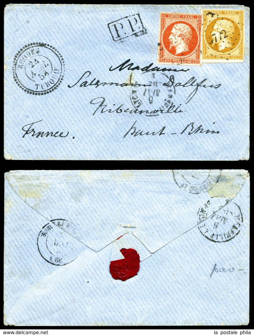 O RHODES, Empire 10c +40c (N°13+16) Obl Pc '3772' Sur Petite Lettre De Rhodes Le 24 Avril 58 Pour Ribeauvillé, à Coté 'P - 1849-1876: Période Classique