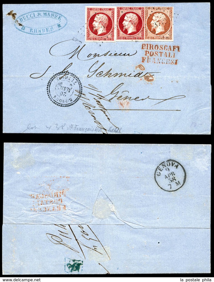 O RHODES, N°17, Lettre Affranchie à 2F Pour Gênes Avec Deux 80c +40c Empire Non Dentelés Obl PC '3772' + Càd Rhodes Du 2 - 1849-1876: Periodo Classico