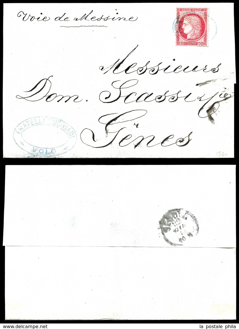 O VOLO, Cérès 80c Rose (N°57) Oblitéré Du Cachet Ovale Des Messageries Maritimes En Bleu Sur Lettre De Volo Pour Gênes.  - 1849-1876: Klassik