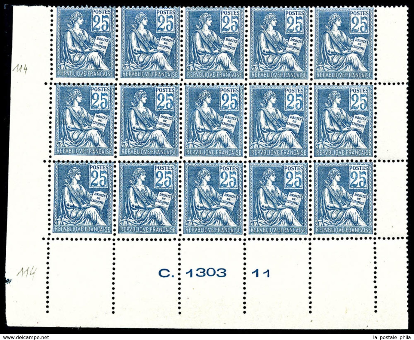 ** N°114, 25c Bleu, Panneau De 15 Exemplaires Bas De Feuille Avec Numéro, SUPERBE (certificat)  Qualité: **  Cote: 5625  - 1900-02 Mouchon