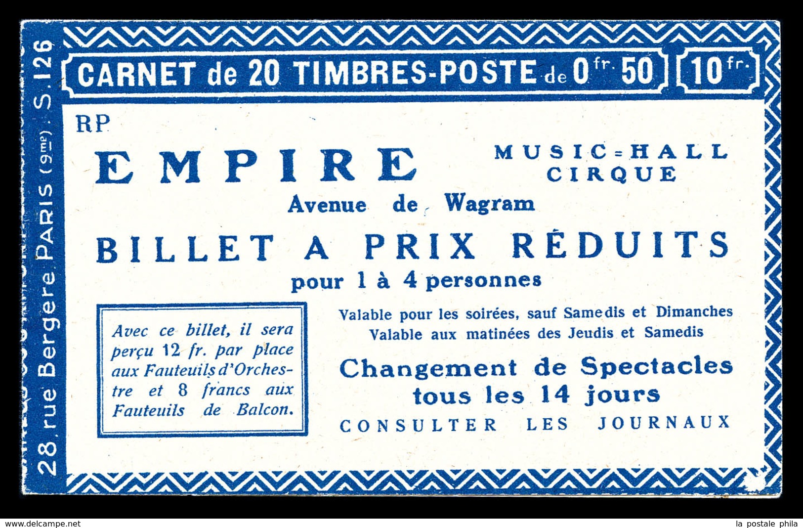 ** N°199-C7, Série 126 RP-B, EMPIRE MUSIC HALL Et GALERIES BARBES (leg Décalque Sur 2 Bdf). TB (certificat)  Qualité: ** - Sonstige & Ohne Zuordnung