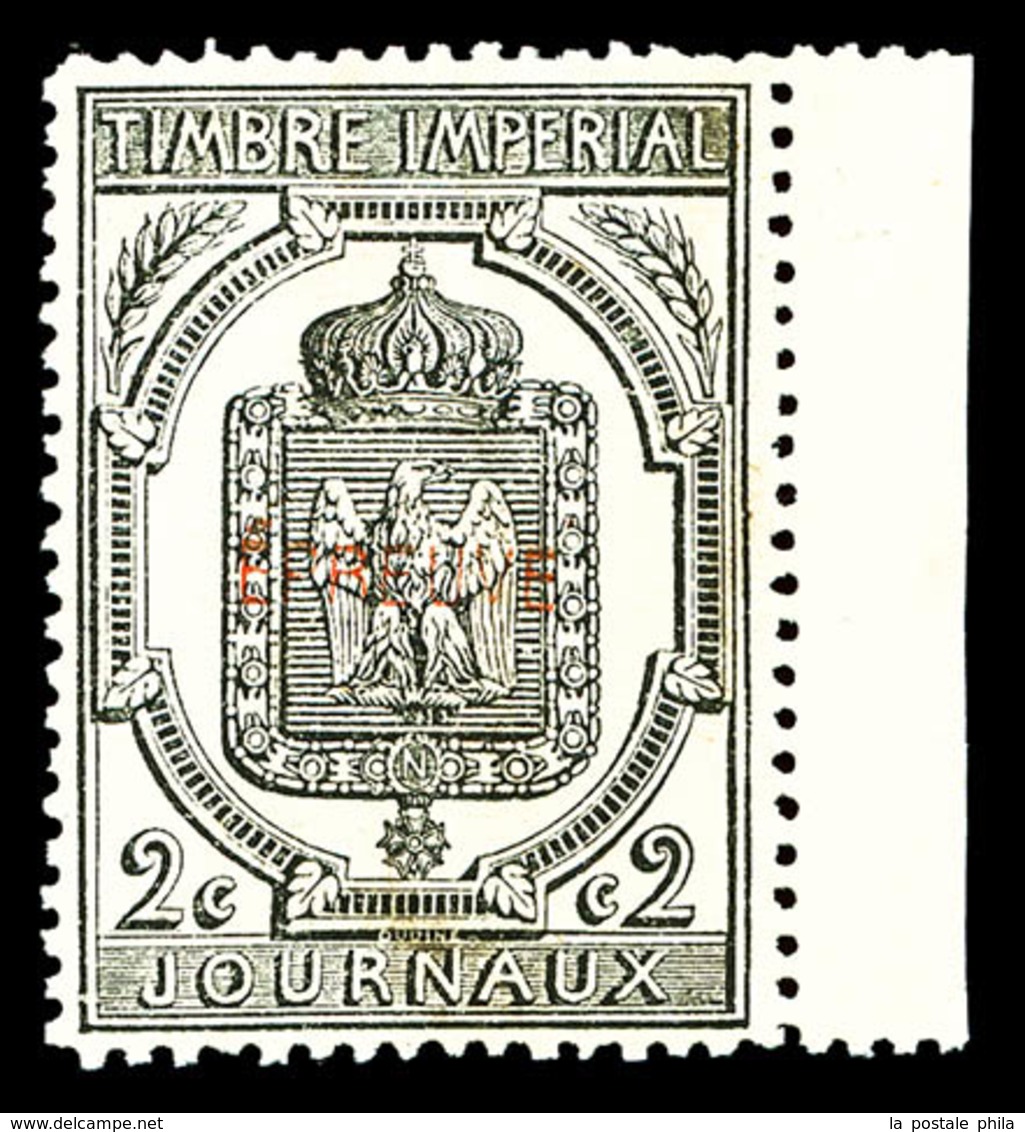 (*) N°1A, 2c, Essai En Noir Dentelé Surchargé 'EPREUVE' Rouge, Bord De Feuille Latéral Droit, RARE (signé/certificat) (r - Zeitungsmarken (Streifbänder)