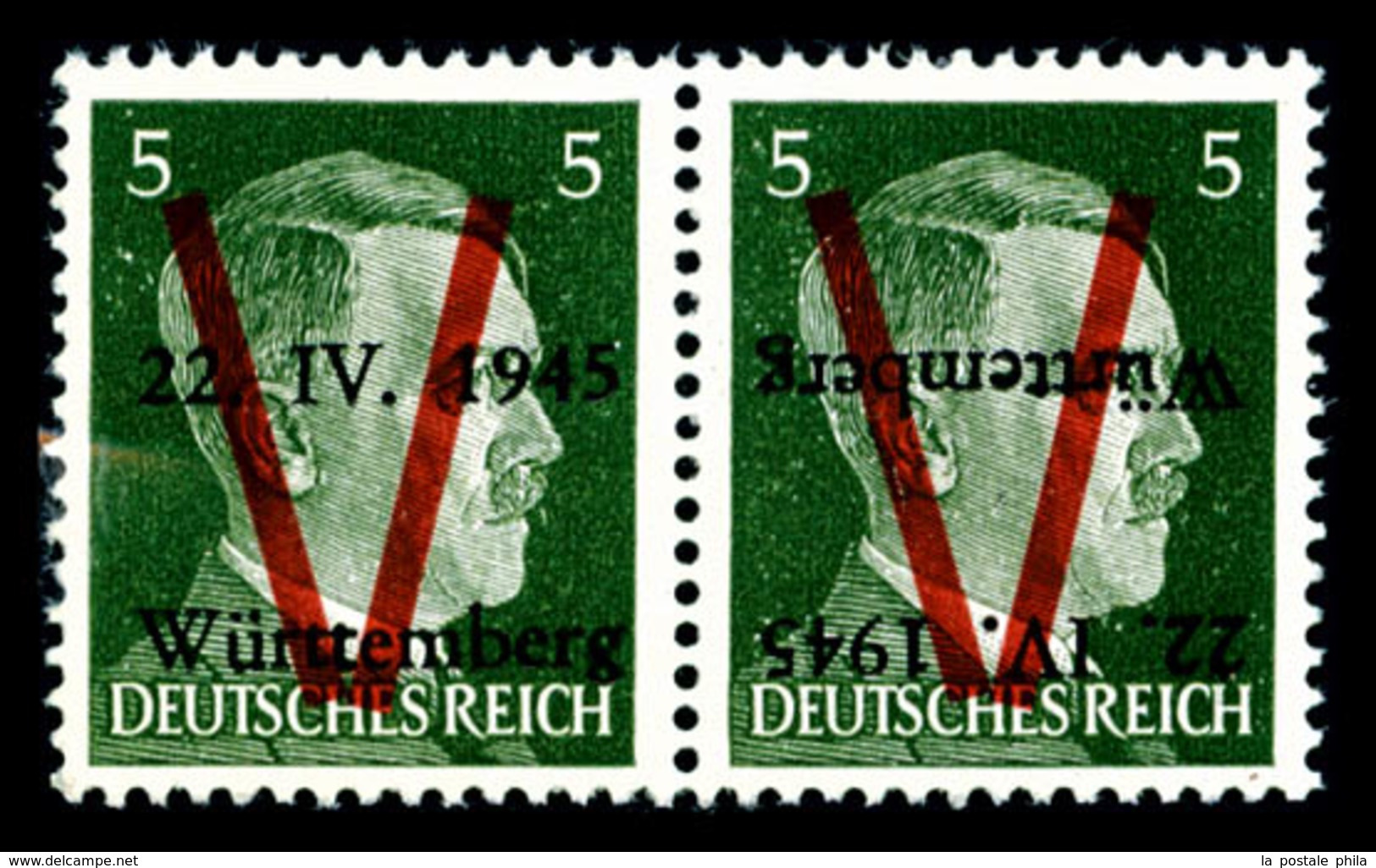 ** N°2a, WURTEMBERG (Allemagne): 5 Pf Vert, Surcharge Renversée Tenant à Normale, R.R.R, SUP (signé Calves/certificat)   - Libération