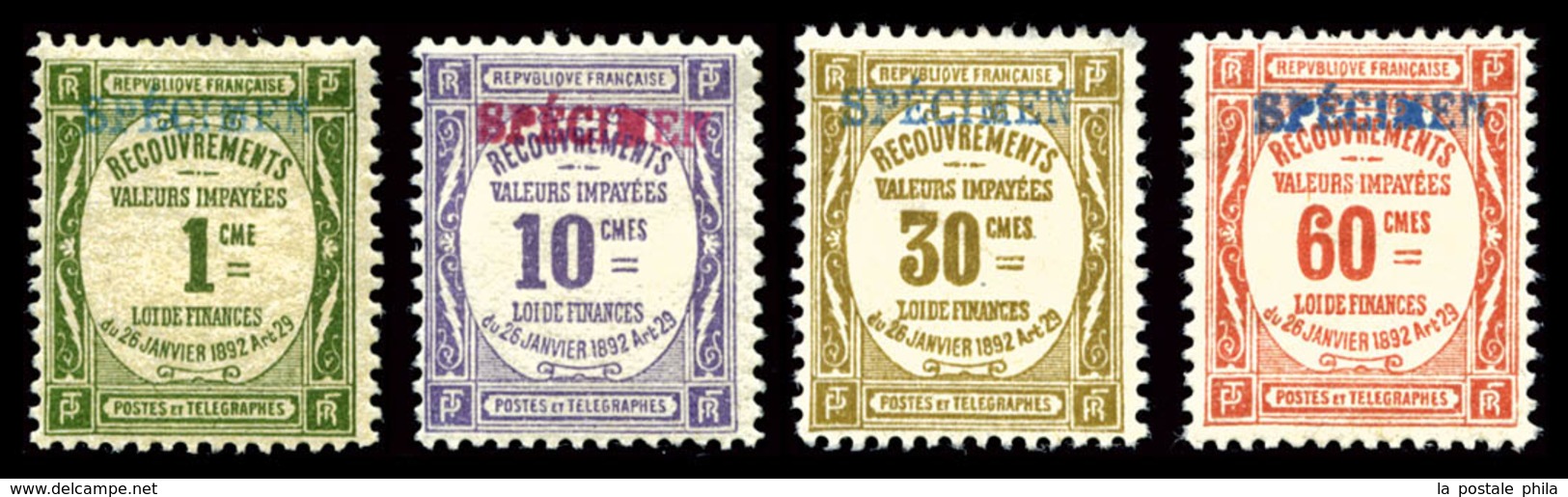* Série Recouvrement: Les 4 Valeurs Surchargées 'SPECIMEN' En Rouge Et Bleu, R.R.R. (signés Scheller/certificat)   Quali - 1859-1959.. Ungebraucht