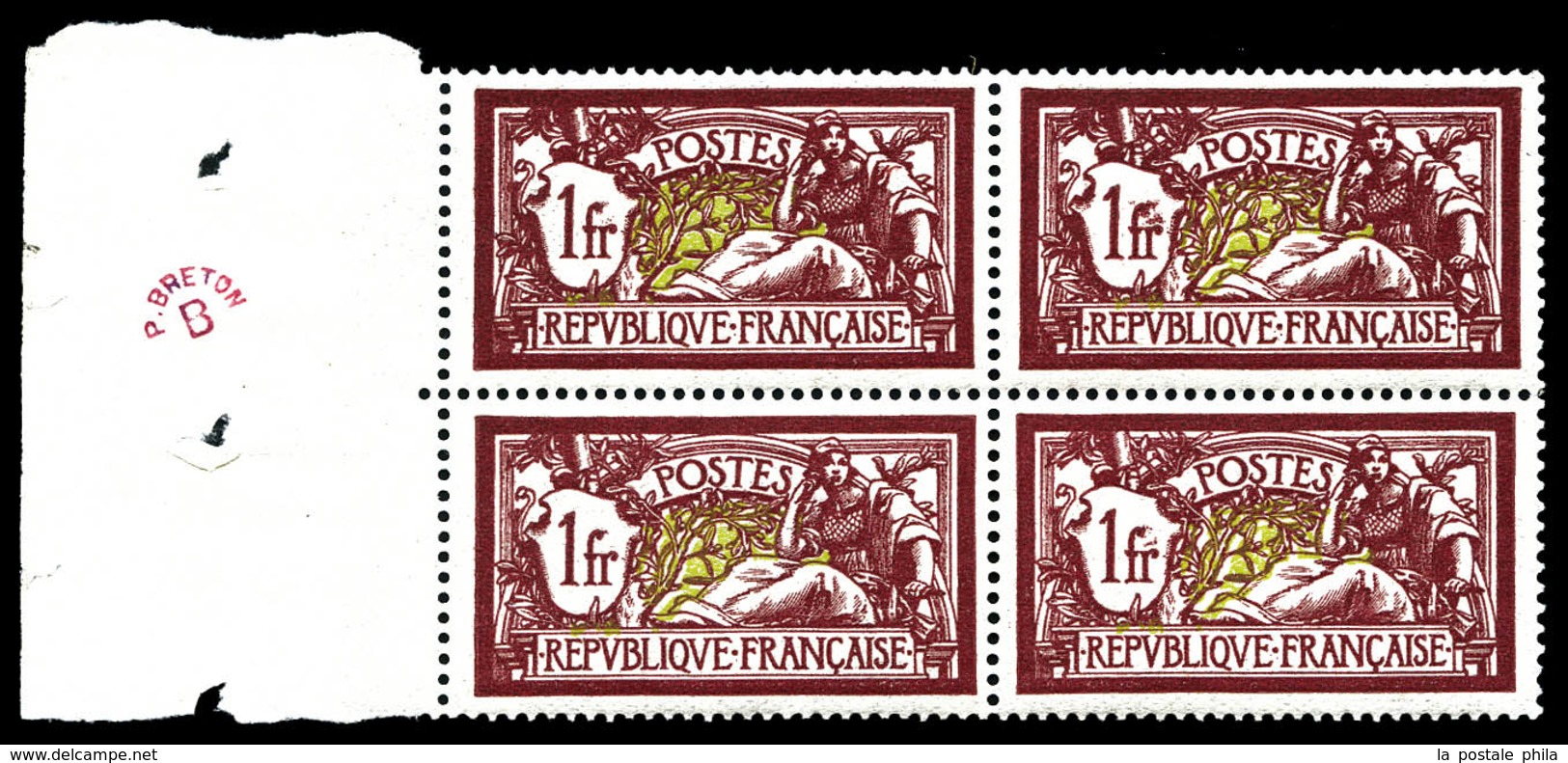 ** N°121g, 1f Merson, Couleur 'aubergine' En Bloc De Quatre Bdf, Très Bon Centrage. SUP (certificat)  Qualité: ** - Unused Stamps