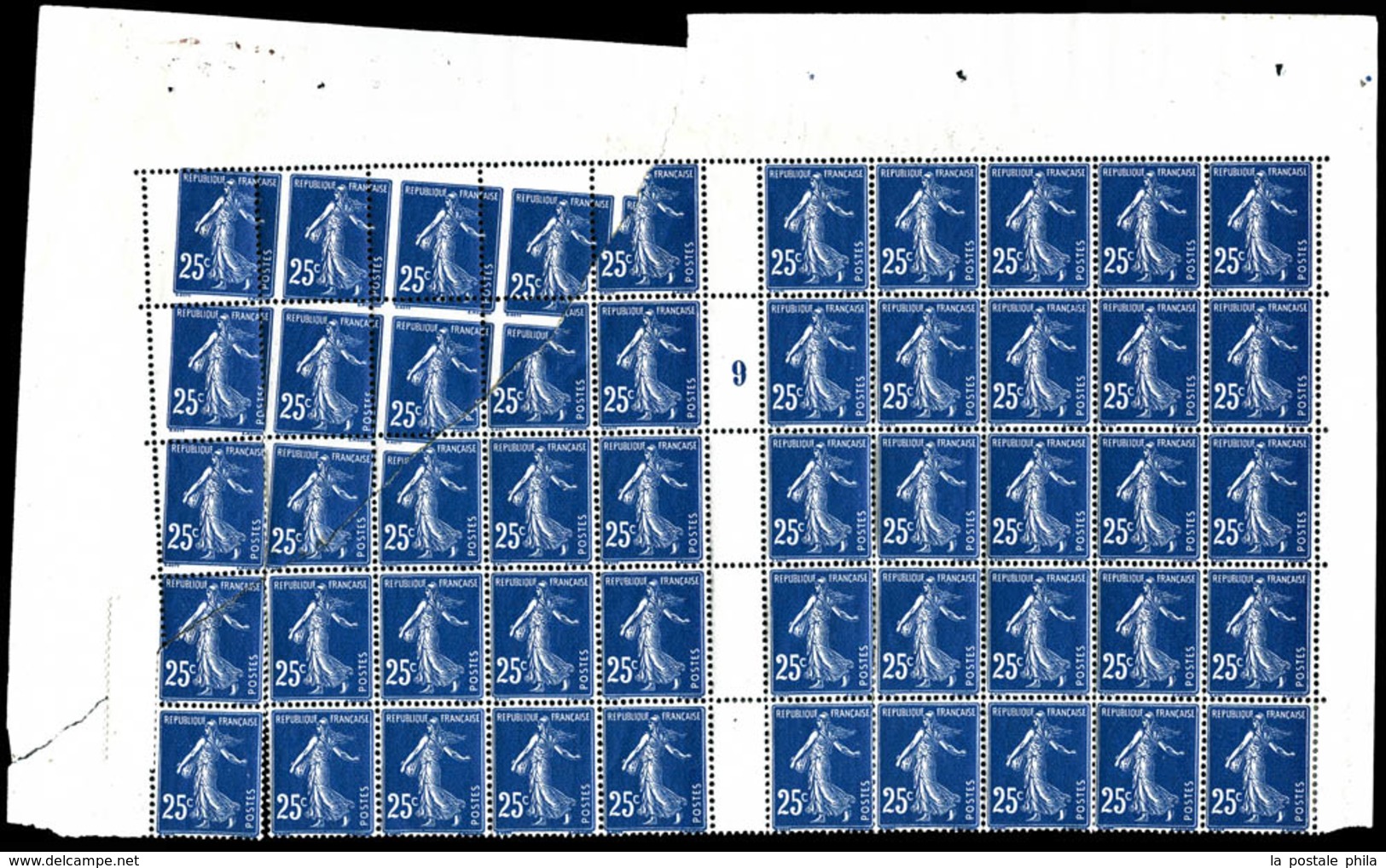 ** N°140, 25c Bleu Foncé, Panneau De 25 Exemplaires Dont 13 Exemplaires De La Partie Droite Réparée Par L'atelier De Fab - Nuevos