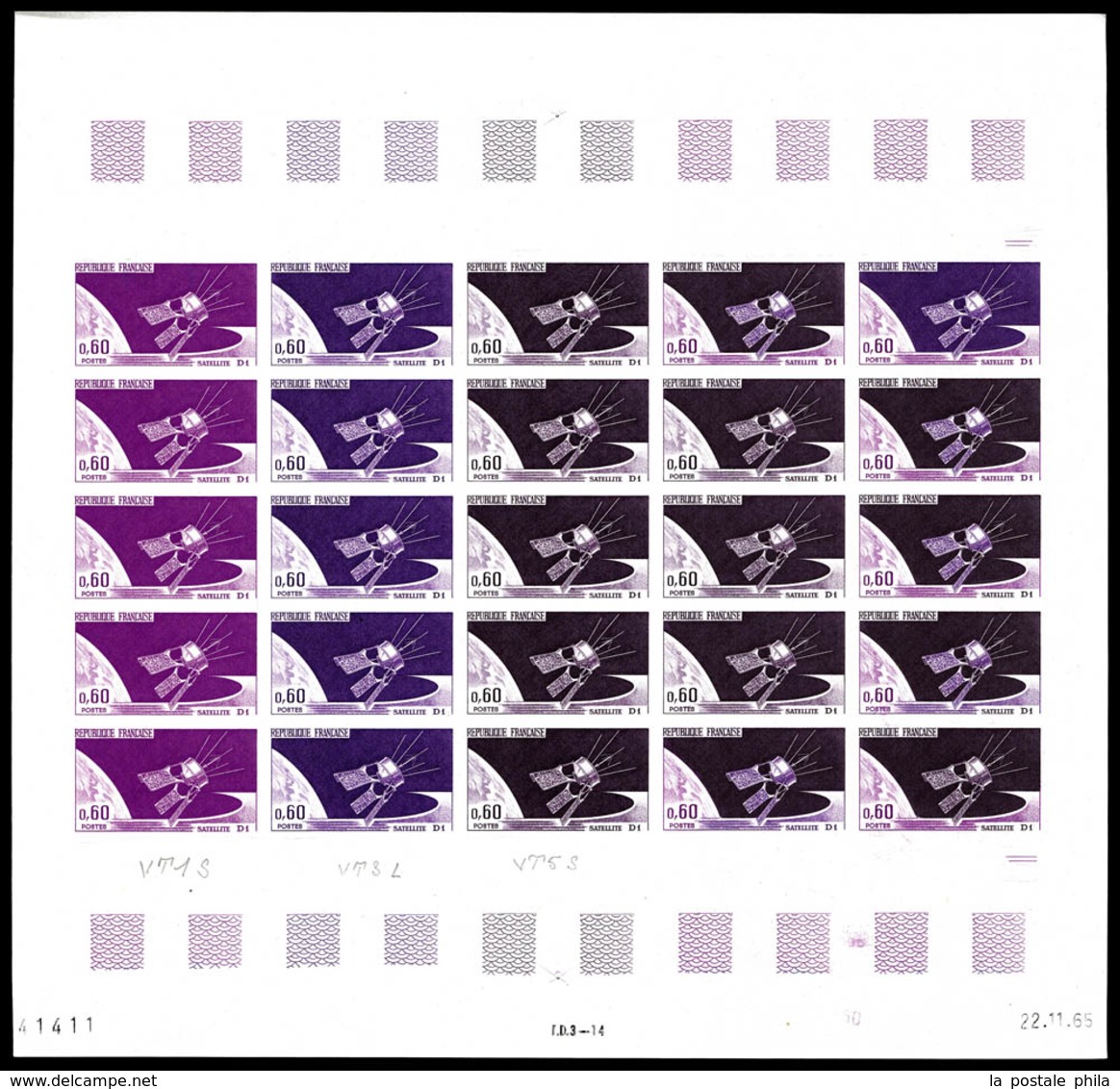 ** N°1476, 0.60 Satellite, Feuille Complète De 25 Exemplaires Dont 7 Multicolores Avec Annotations De Couleurs, Datée Du - Sonstige & Ohne Zuordnung