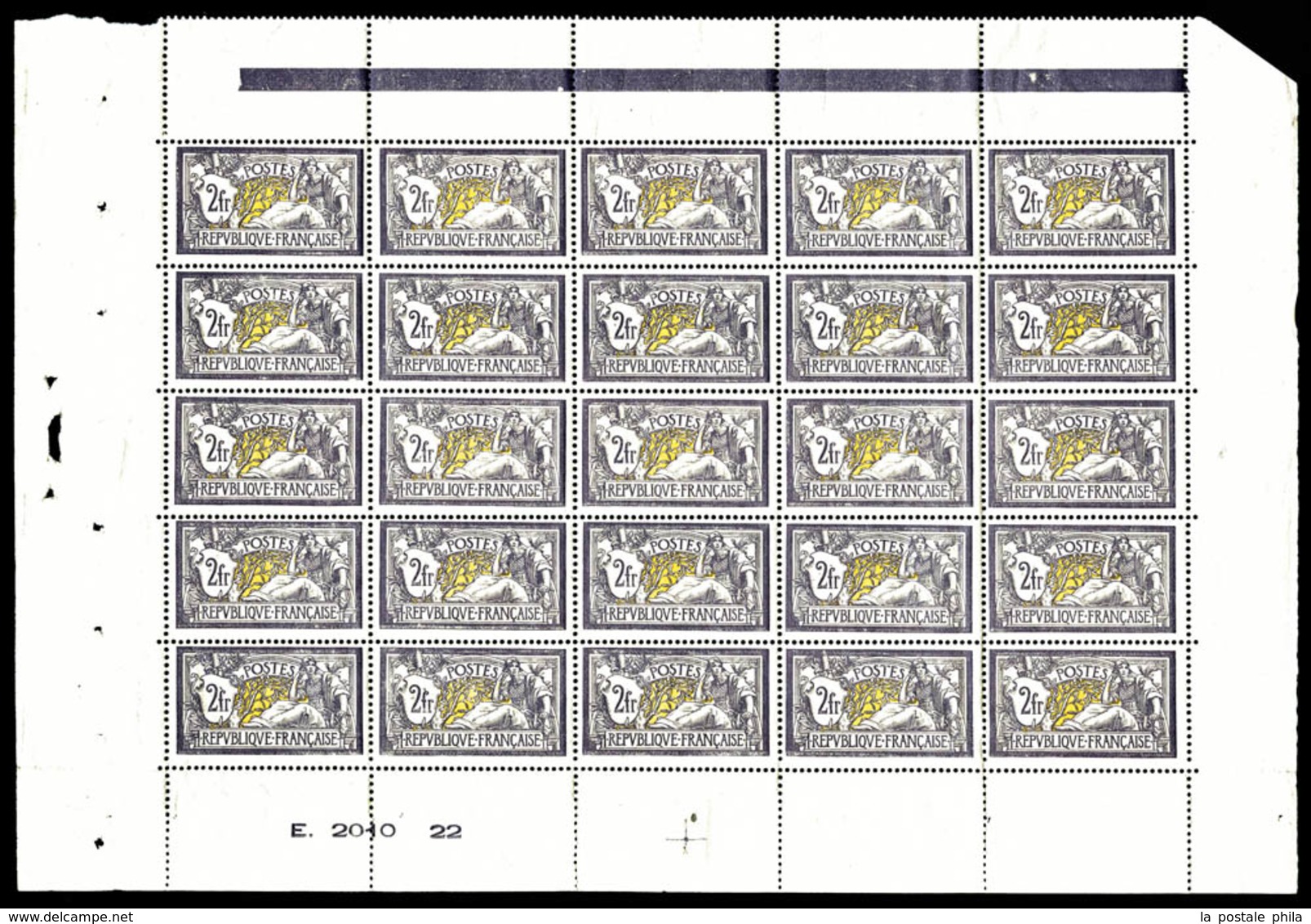 ** N°122, 2F Violet Et Jaune En Feuille De 25 Exemplaires Avec Croix De Repère Et Numéro, Fraîcheur Postale, Superbe Cen - Ganze Bögen