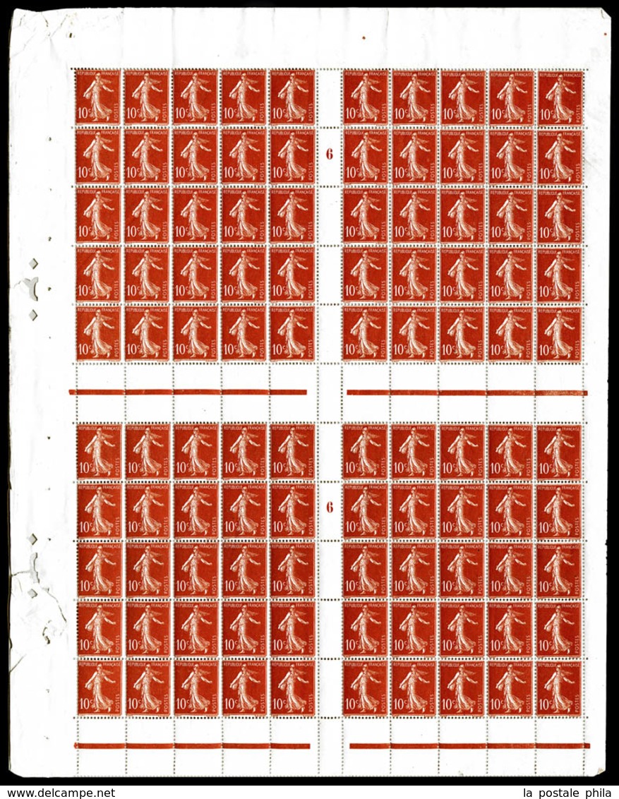 ** N°135, 10c Semeuse Chiffres Maigres, Panneau De 100 Exemplaires Millésime '6'. TB (certificat)  Qualité: **  Cote: 35 - Ganze Bögen