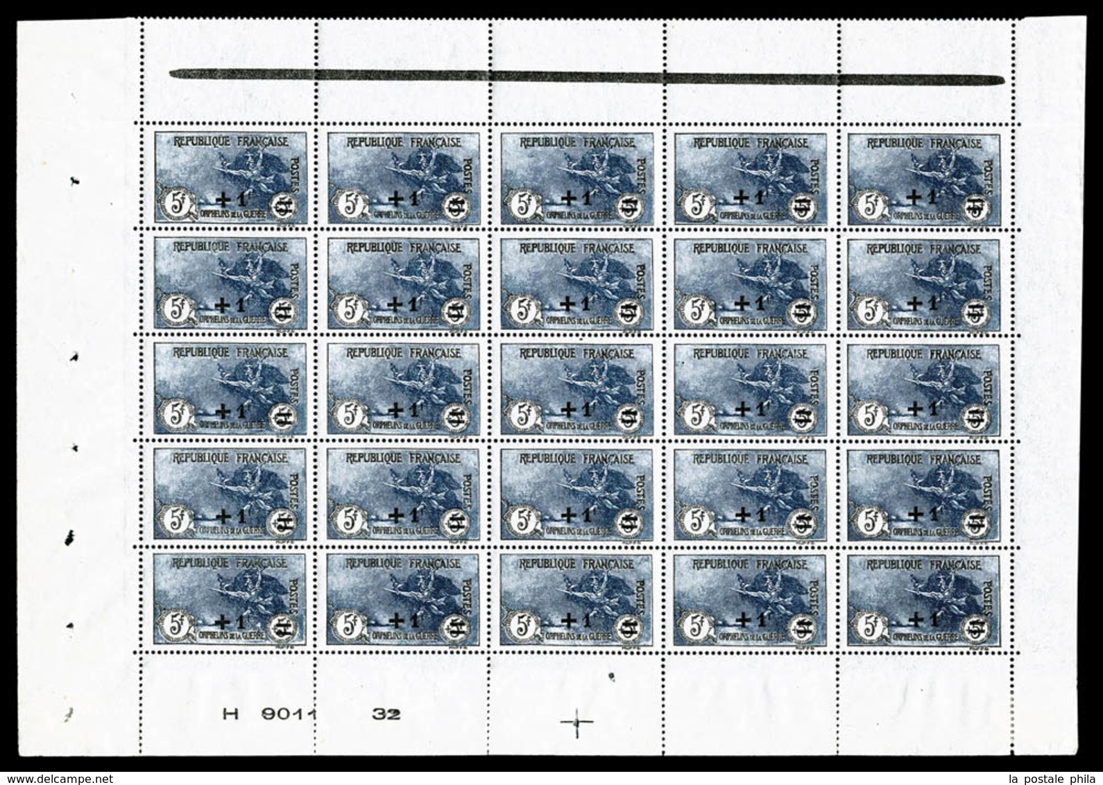 ** N°169, Orphelins, +1F Sur 5F +5F Noir Et Bleu-gris En Panneau De 25 Exemplaires Bas De Feuille Avec Numéro Et Croix D - Ganze Bögen