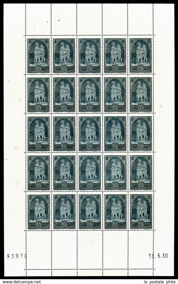 ** N°259a, Cathédrale De Reims TYPE II En Feuille Complète De 25 Exemplaires Datée Du 13/5/1930, R.R.R. Et SUPERBE (cert - Ganze Bögen