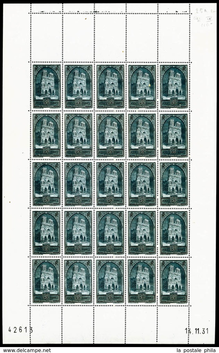 ** N°259c, Cathédrale De Reims Type IV En Feuille Complète De 25 Exemplaires Datée Du 14/11/1931, RARE Et SUPERBE (certi - Ganze Bögen