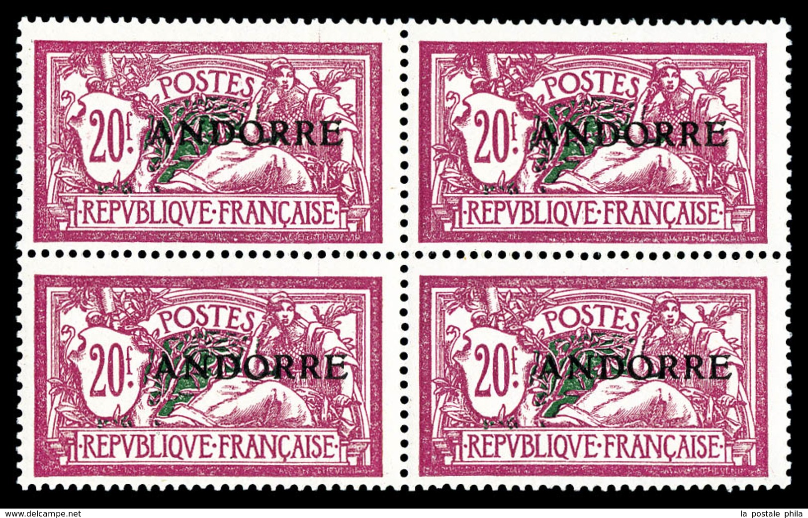 ** N°23, 20F Merson En Bloc De Quatre, Grande Fraîcheur. SUP (certificat)  Qualité: **  Cote: 3400 Euros - Unused Stamps