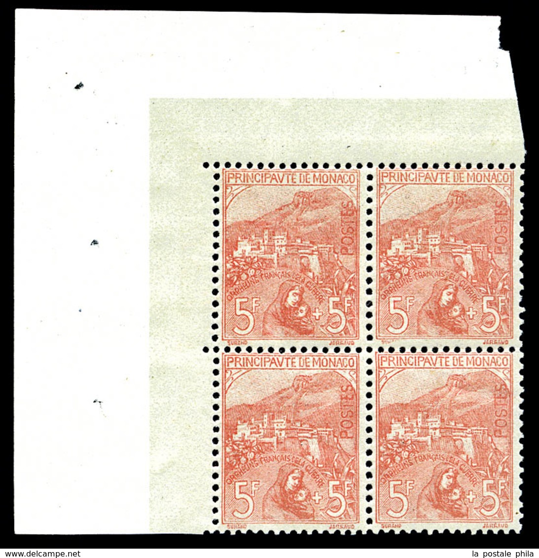 ** N°33, Orphelins, 5F +5F Rose Sur Verdâtre En Bloc De Quatre Bon Centrage, Fraîcheur Postale, SUPERBE (signé Calves/ce - Other & Unclassified