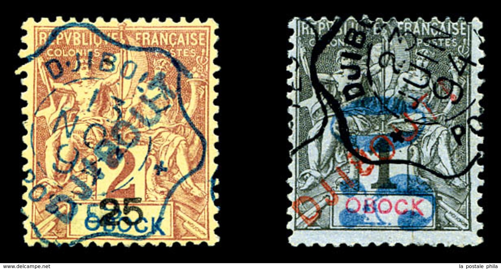 O N°2/3, 25c Sur 2c Lilas-brun S Paille Et 50c Sur 1c Noir S Azur, Les 2 Valeurs TTB (signés/certificat)  Qualité: O  Co - Used Stamps