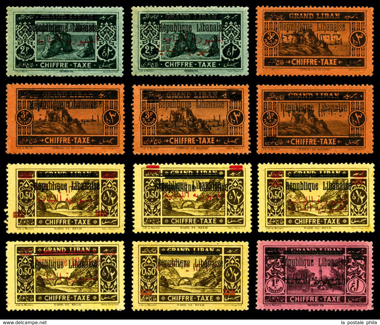 ** Taxe, N°26/28, Série De 1928: Ensemble De 12 Variétés Avec Surcharges Renversées Et Double Surcharge, Rare, TTB (cert - Neufs