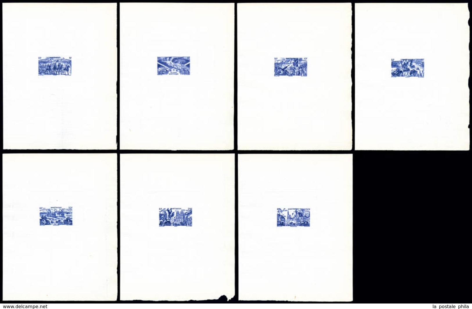 (*) Poste Aérienne, N°6/12, Série Tchad Au Rhin: Ensemble De 7 épreuves D'Artiste En Bleu Outremer Sur Papier Filigrané  - Neufs