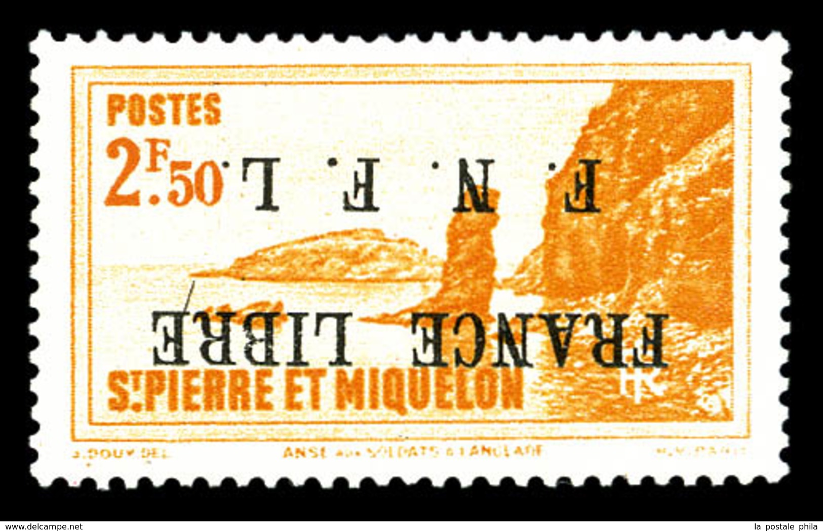 ** N°270A, 2f 50 Jaune-orange, Surcharge 'FRANCE LIBRE F.N.F.L.' Renversée. SUP. R.R. (signé Brun/certificat)  Qualité:  - Ungebraucht