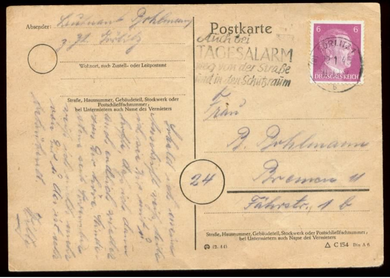 P0811 - DR Postkarte Mit PLZ 8 Stempel: Gebraucht Mit Werbestempel 8 Görlitz - Bremen 29.1.1945 , Bedarfserhaltung. - Briefe U. Dokumente