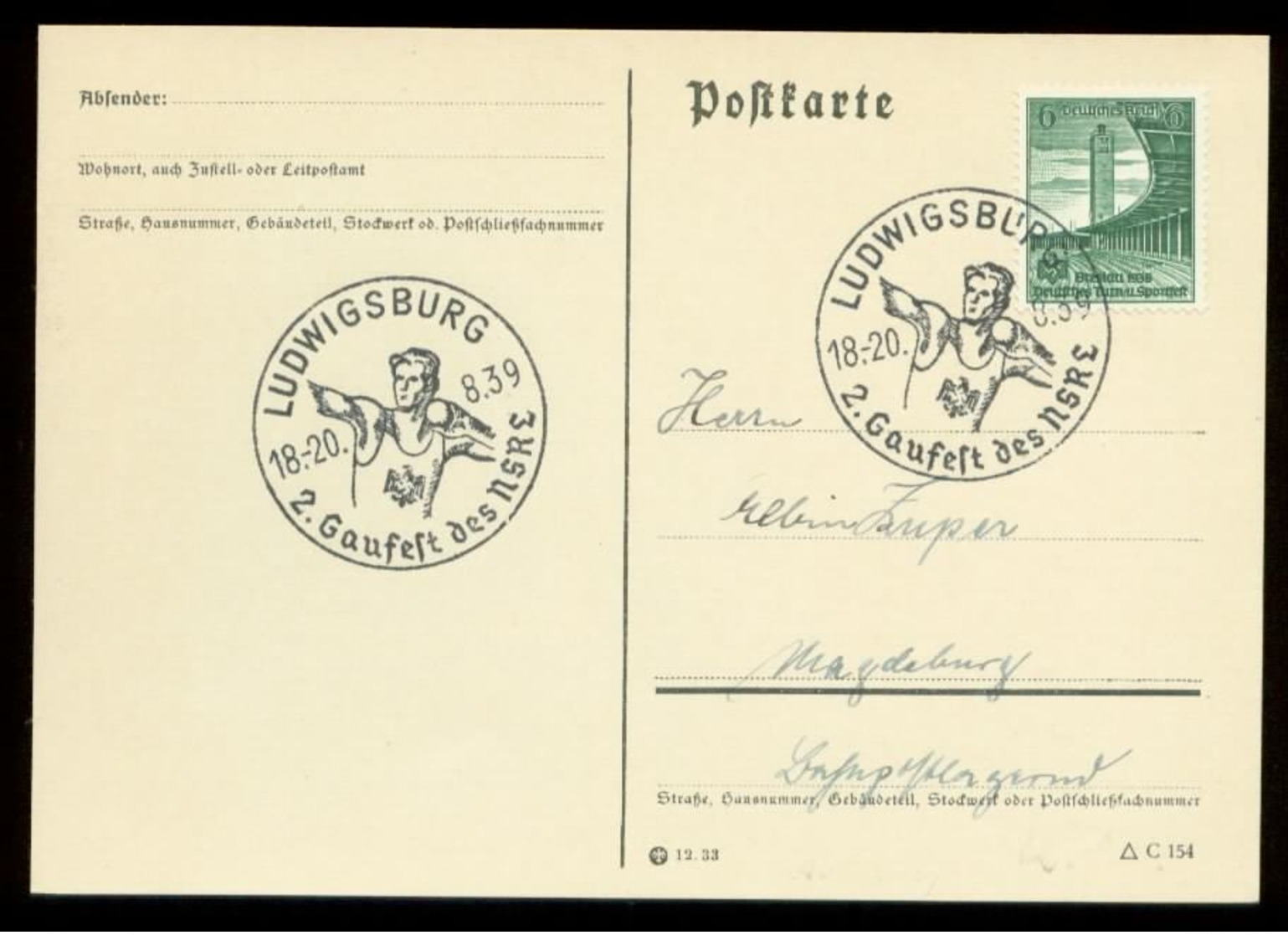 P0796 - DR Postkarte: Gebraucht Mit Sport Kugelstossen Gaufest Sonderstempel Ludwigsburg 1939 - Cartas & Documentos