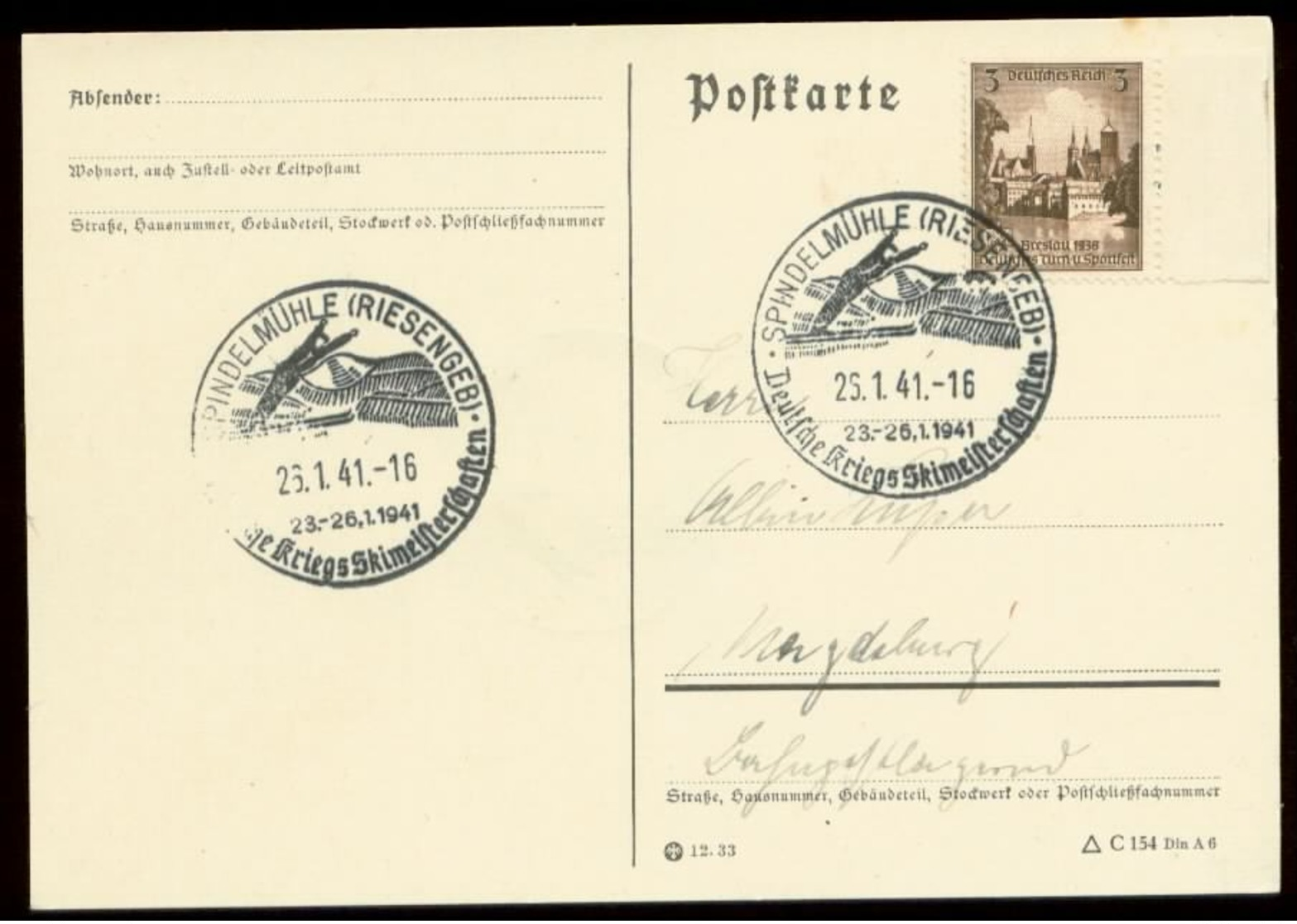 P0794 - DR Postkarte: Gebraucht Mit Sport Skispringen Sonderstempel Spindelmühle Riesengebirge 1941 - Lettres & Documents