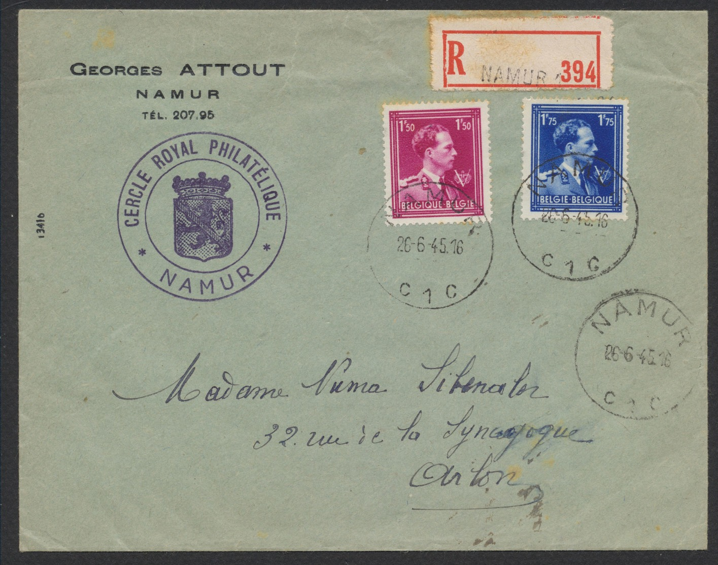 Col Ouvert - N°691 Et 692 Sur Lettre En Recommandé De Namur  (1945) Vers Arlon / Cercle Royal Philatélique, Absent - 1936-1957 Collar Abierto