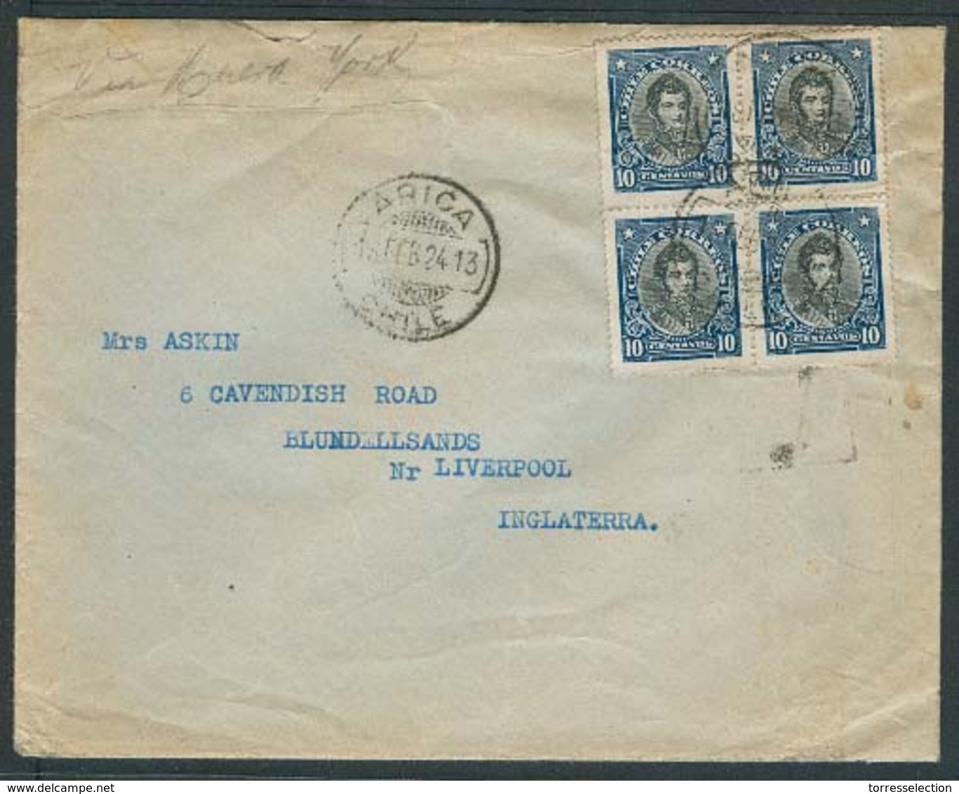 Chile - XX. 1924. Arica - UK. Env Fkd 10c Block Of Four, Tied Scarce Block On Cover. - Chile