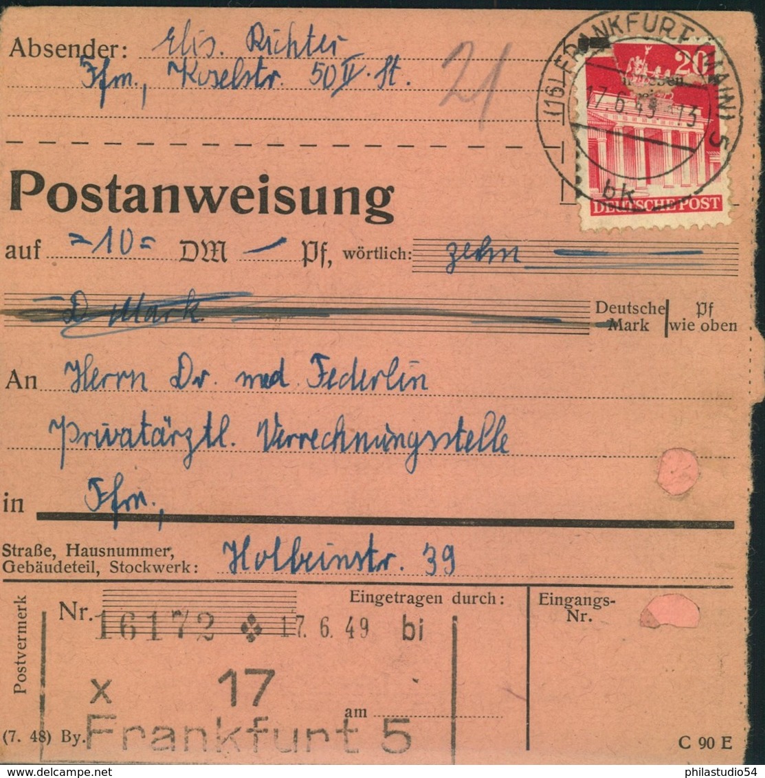 1953, Postanweisung Ab FRANKFURT (MAIN) Mit 20 Pfg. Bauten - Autres & Non Classés