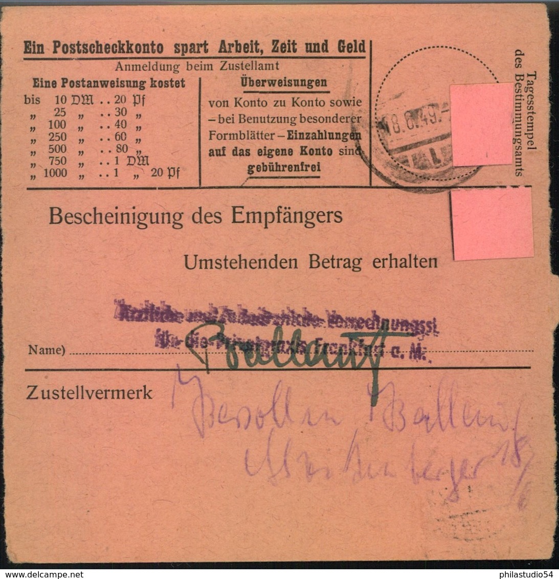 1953, Postanweisung Ab FRANKFURT (MAIN) Mit 20 Pfg. Bauten - Autres & Non Classés