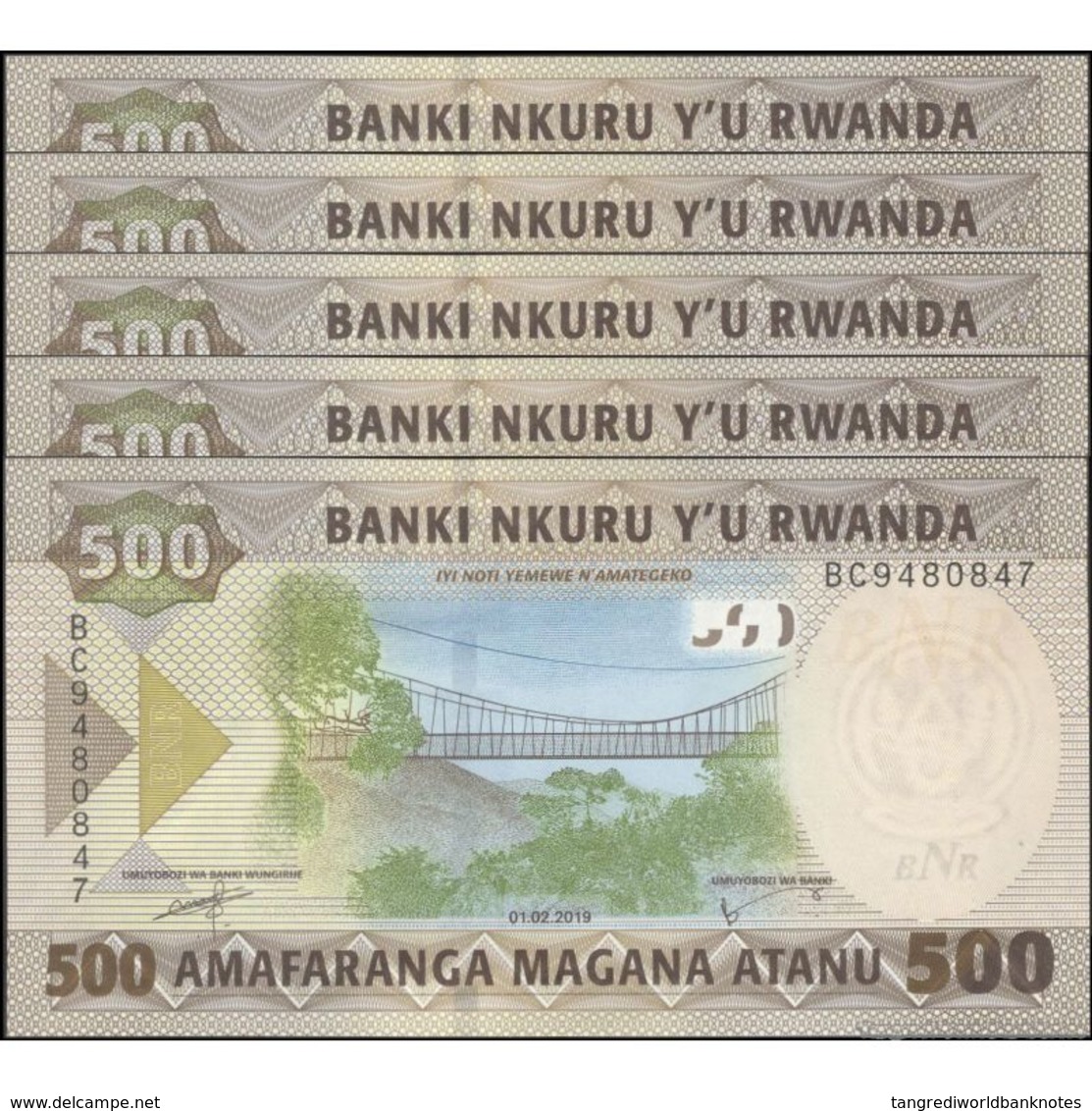 TWN - RWANDA NEW - 500 Francs 1.2.2019﻿ DEALERS LOT X 5 - Prefix BC﻿ UNC - Rwanda